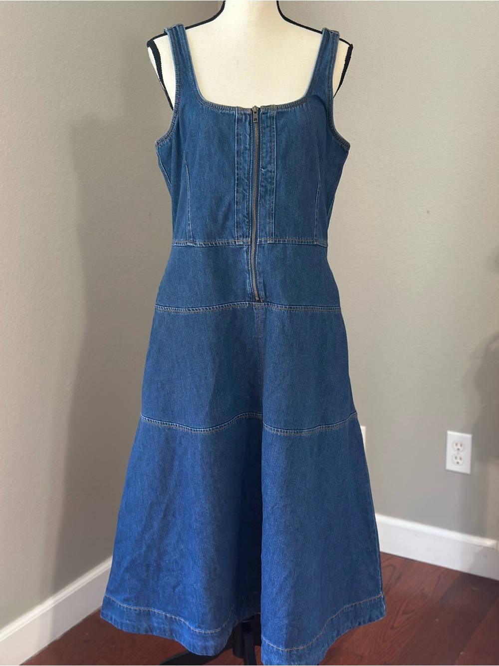 Denim Cotton Maxi Dress with Front Zipper & Pockets